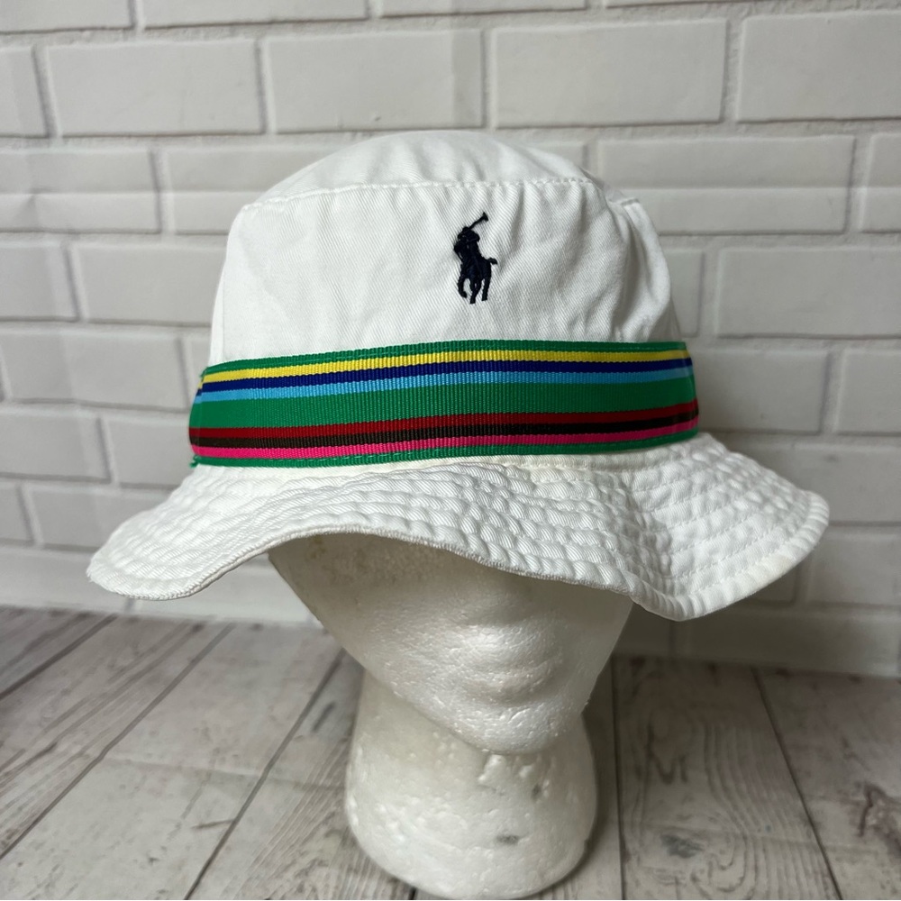 Polo by Ralph Lauren White Bucket Hat with Multicolor Stripe